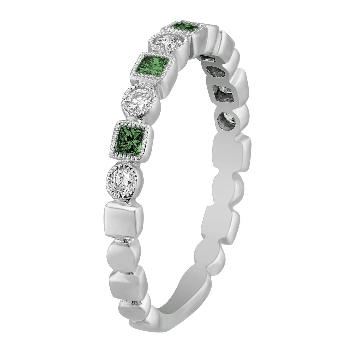 Emerald & Diamond Milgrain Geometric Ring in White Gold