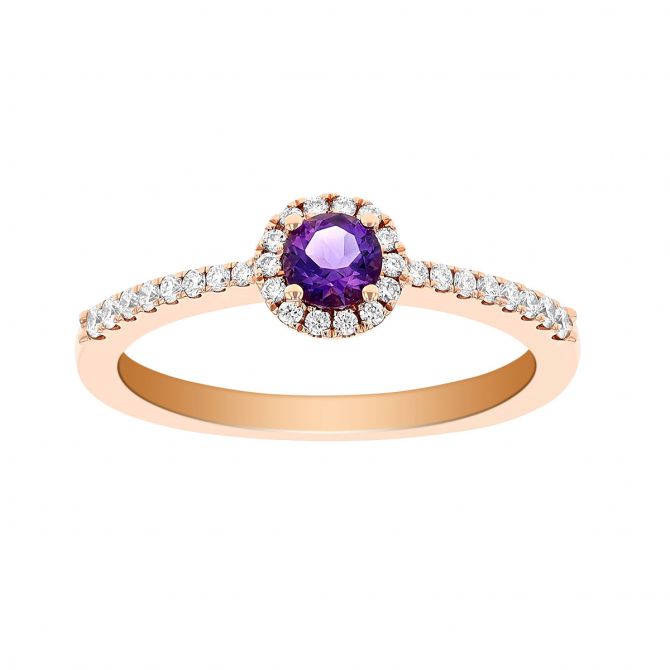 Round Amethyst with Diamond Halo & Shank Ring in Rose Gold
