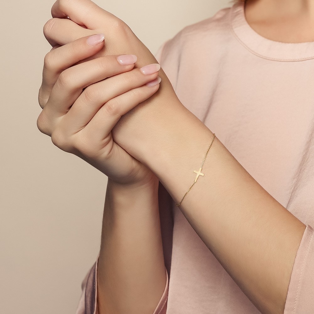 Yellow Tone Sterling Silver Adjustable Mini Horizontal Cross Bracelet