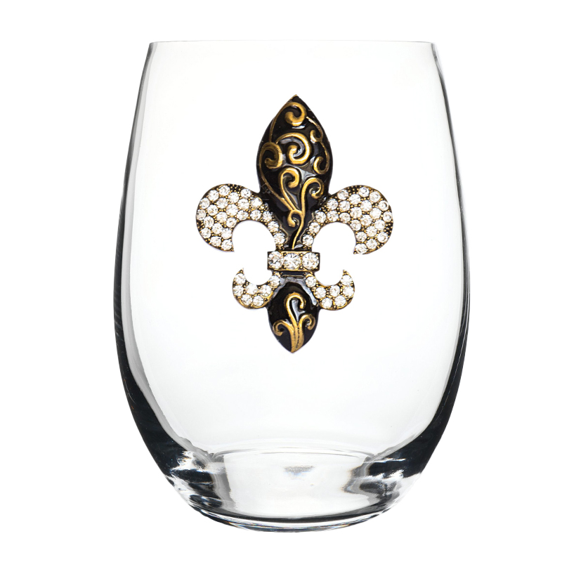 The Queens' Jewels Gold Swirl Fleur De Lis Jeweled Stemless Wine Glass