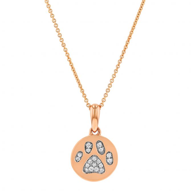 Diamond Pavé Paw Print Disc Pendant in Rose Gold, 18"