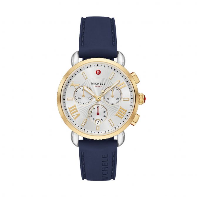Michele Sporty Sport Sail Midnight Silicone 38mm Watch, Silver Sunray Dial