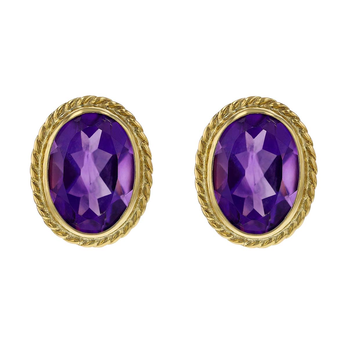 Oval Amethyst Rope Bezel Post Earrings in Yellow Gold
