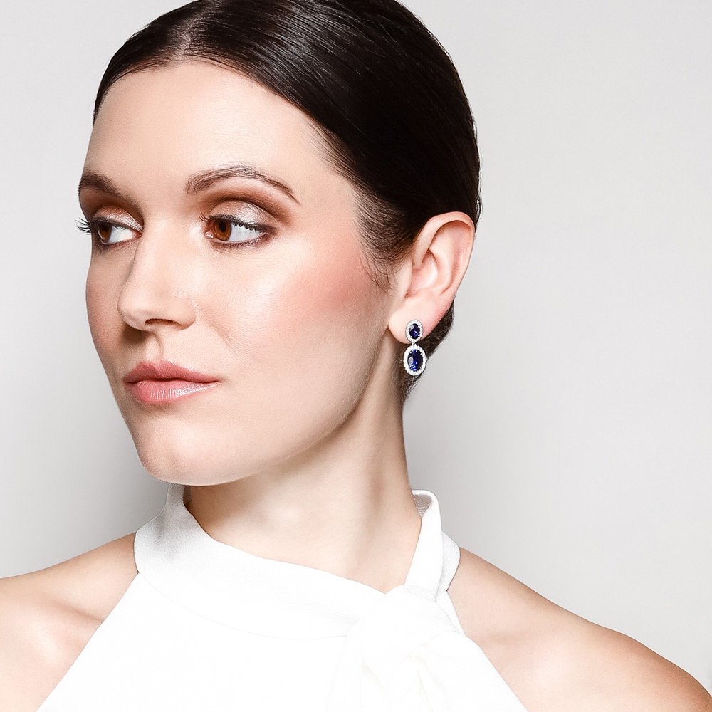 Omi Prive Oval Sapphire & Diamond Halo Double Drop Earrings in Platinum