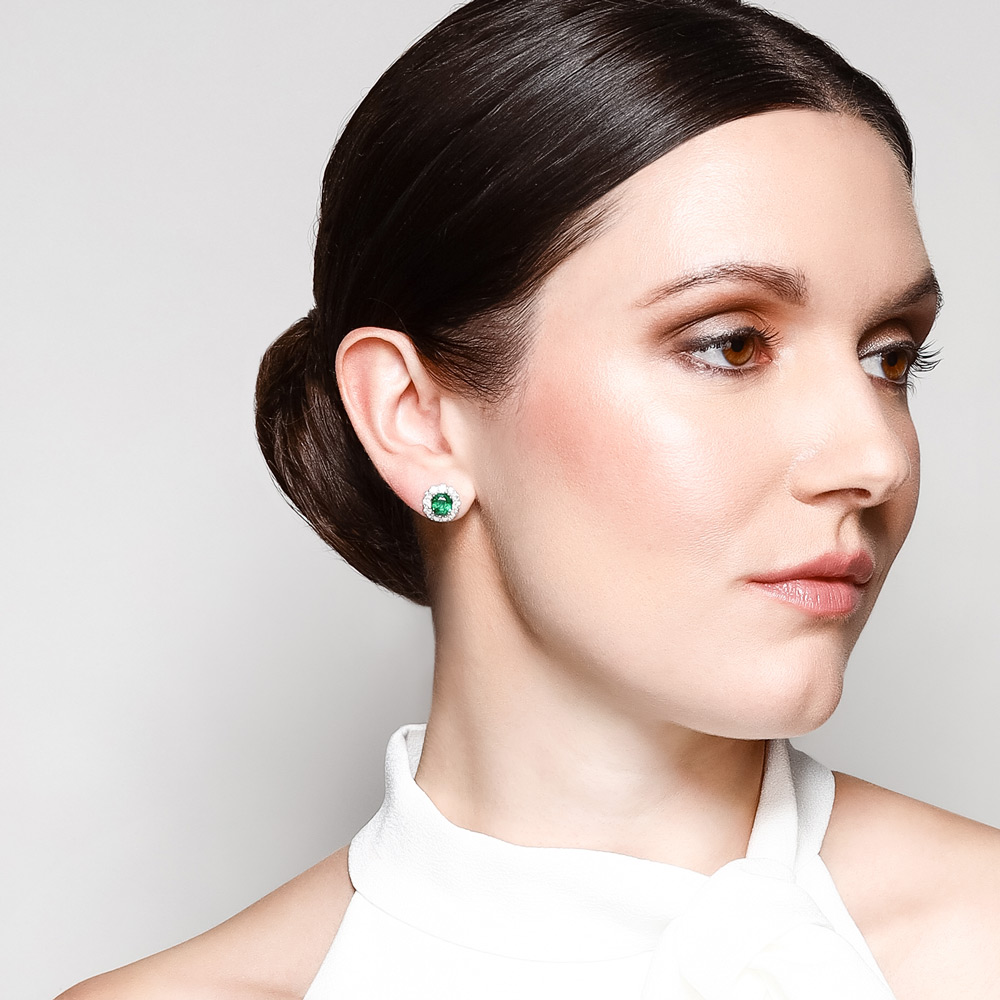 J.B. Star Cushion Cut Emerald & Diamond Halo Stud Earrings in Platinum