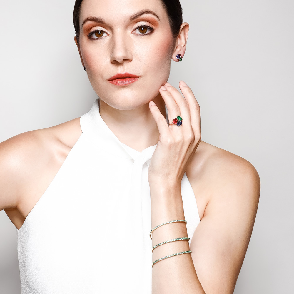 Rahaminov Sapphire, Tanzanite, & Tsavorite Cluster Earrings in Yellow Gold