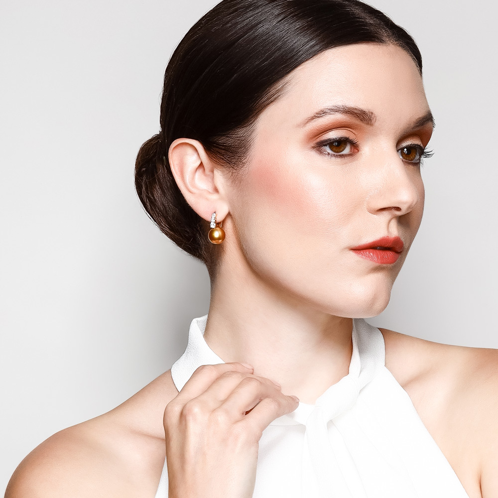 Mikimoto South Sea Cultured Golden Pearl & Diamond Drop Earrings in Yellow Gold