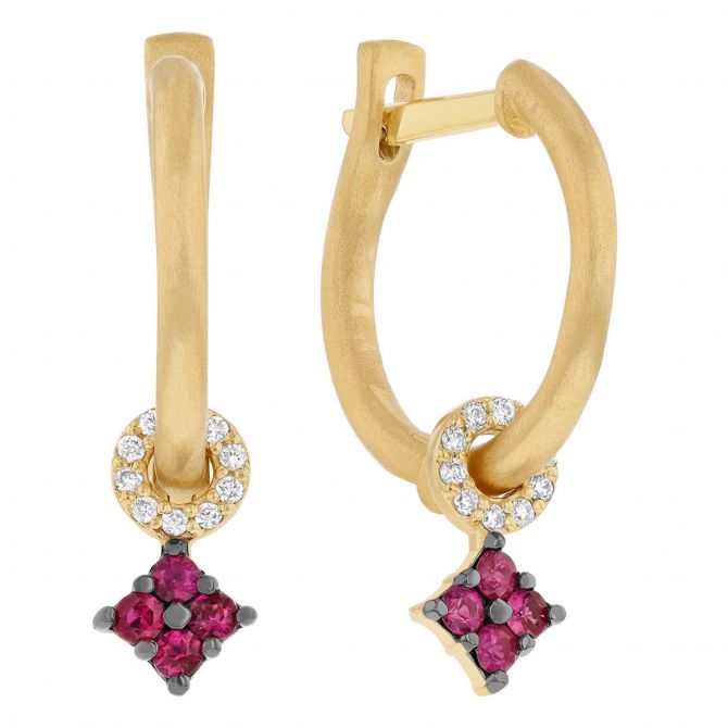 Marika Ruby & Diamond Dangle Charm Hoop Earrings in Yellow Gold