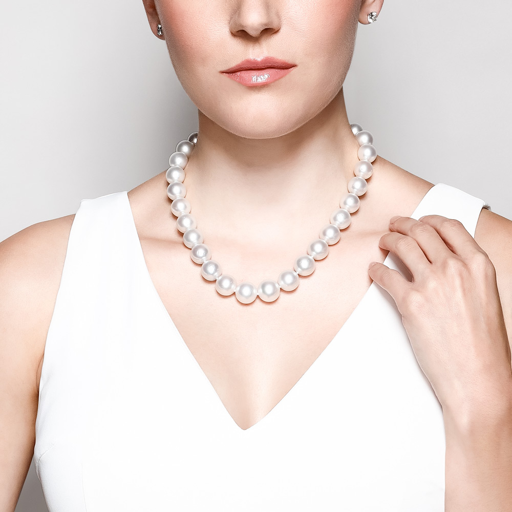 Silver & White South Sea Cultured Pearl Strand with Diamond Pavé Clasp, 17.5