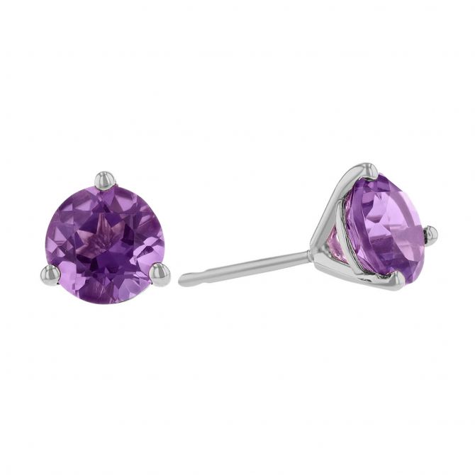 Round Faceted Amethyst Stud Earrings in White Gold, 6mm