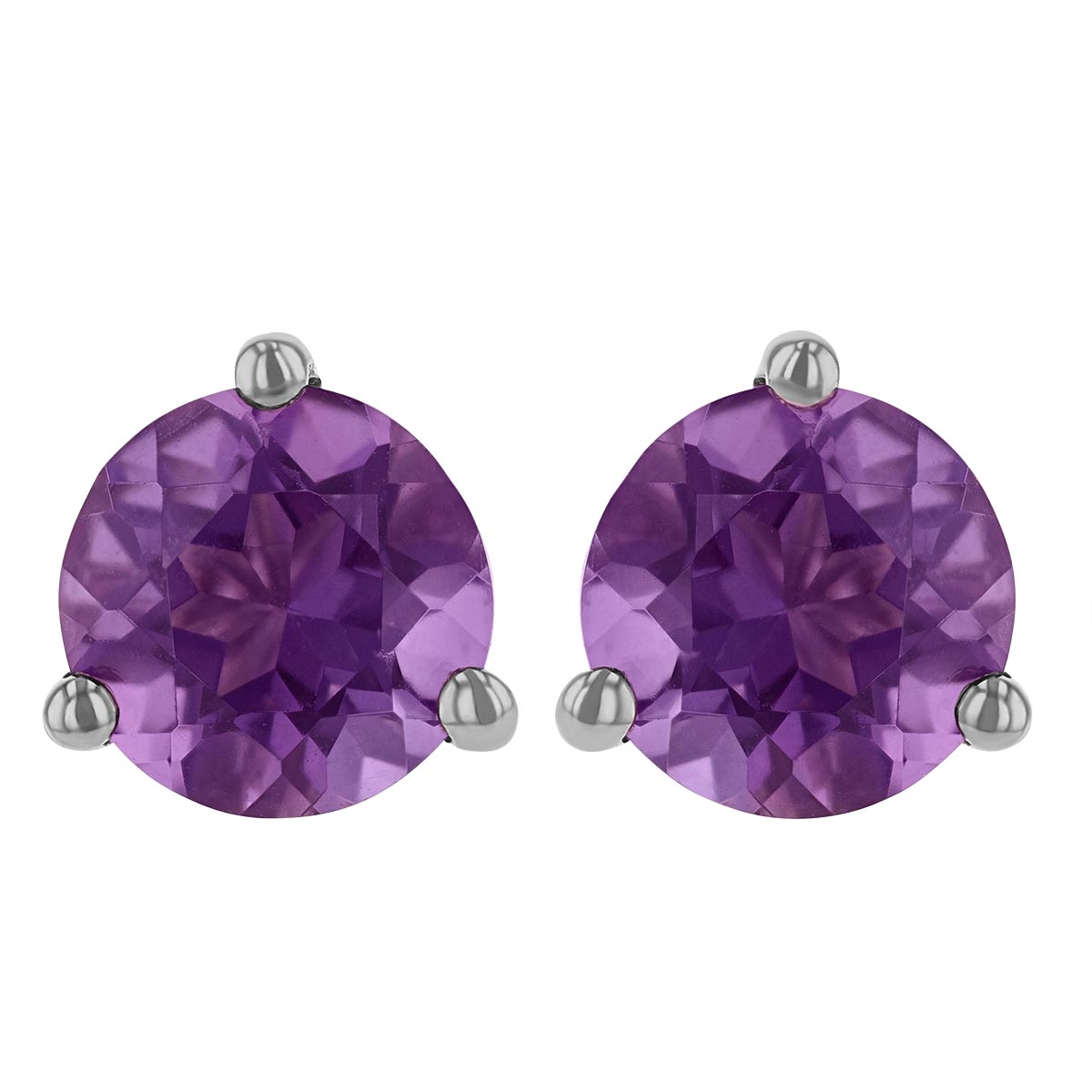 Round Faceted Amethyst Stud Earrings in White Gold, 6mm