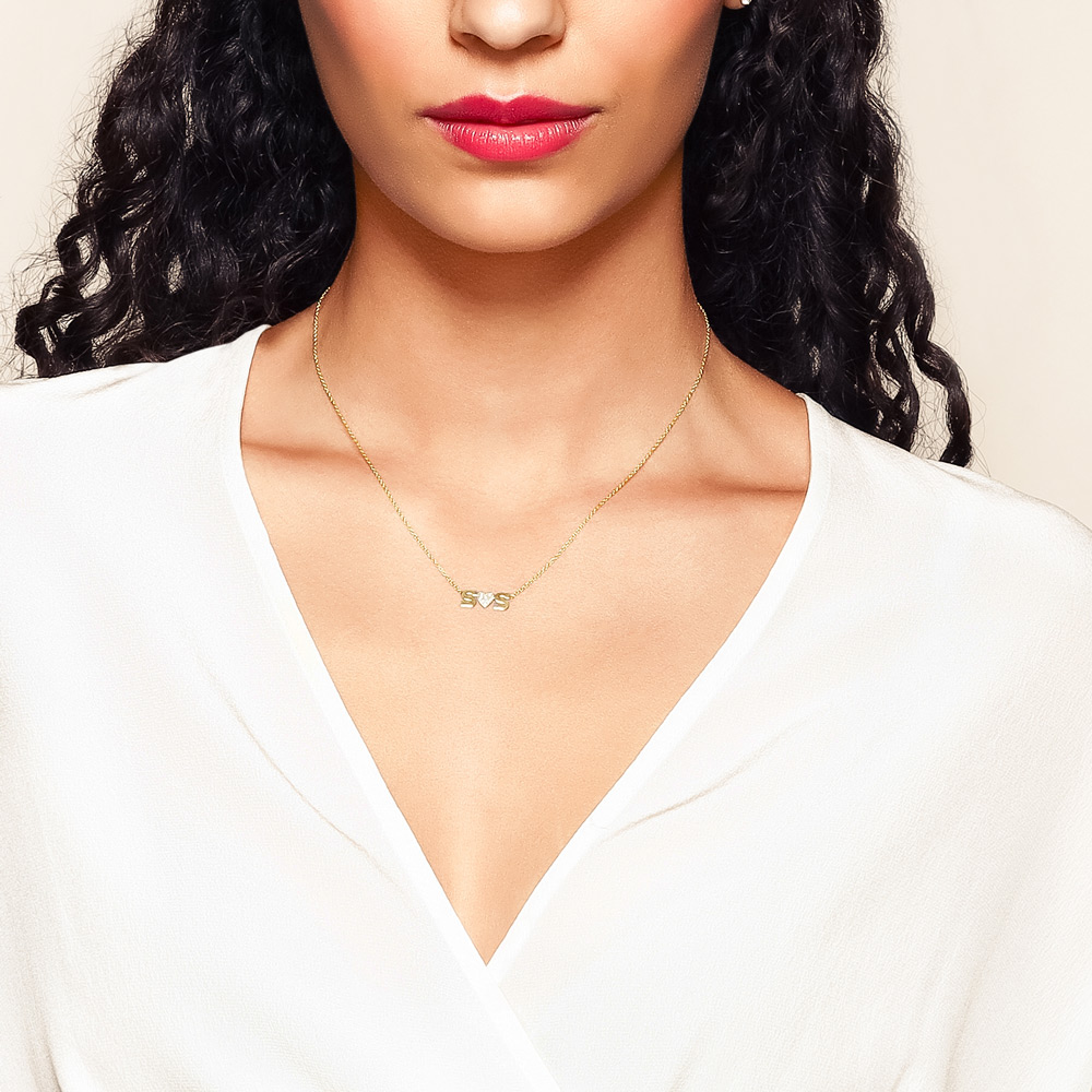 Zoe Chicco 2 Initial Letter & Pave Diamond Heart Necklace in Yellow Gold, 16