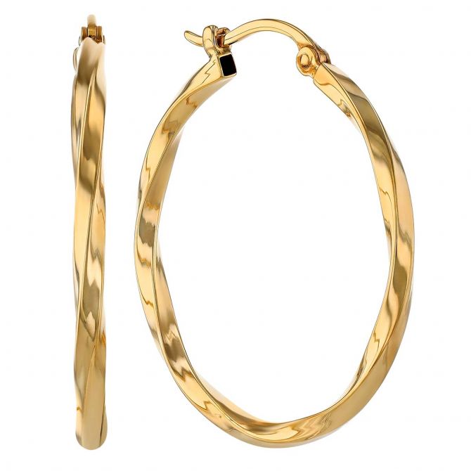 Yellow Gold Twisted Square Edge Hoop Earrings, 24 mm