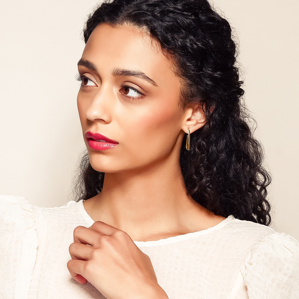 Yellow Gold Flat Edge Geometric J-Hoop Earrings