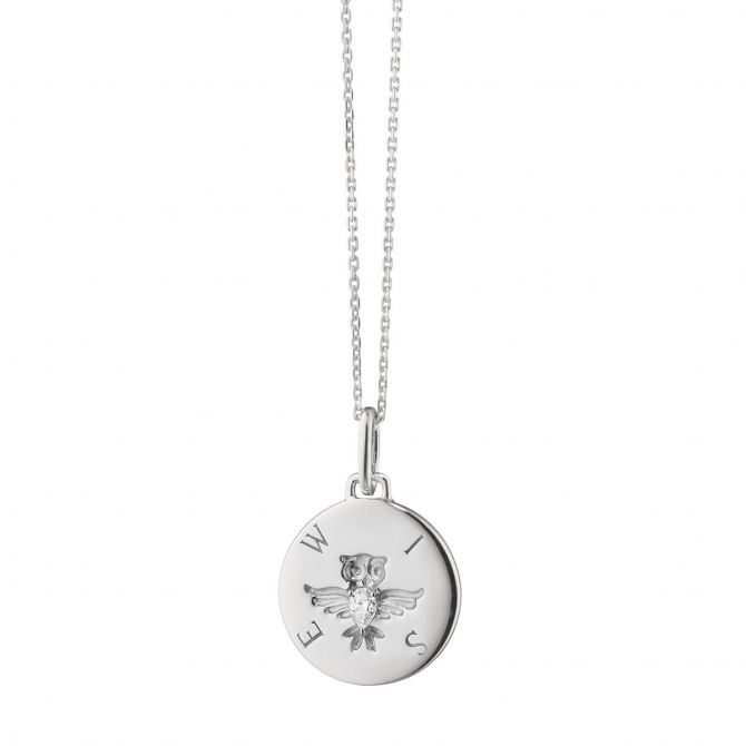 Monica Rich Kosann Itaglio White Pear Shaped Sapphire "Wise" Owl Pendant in Sterling Silver, 18"