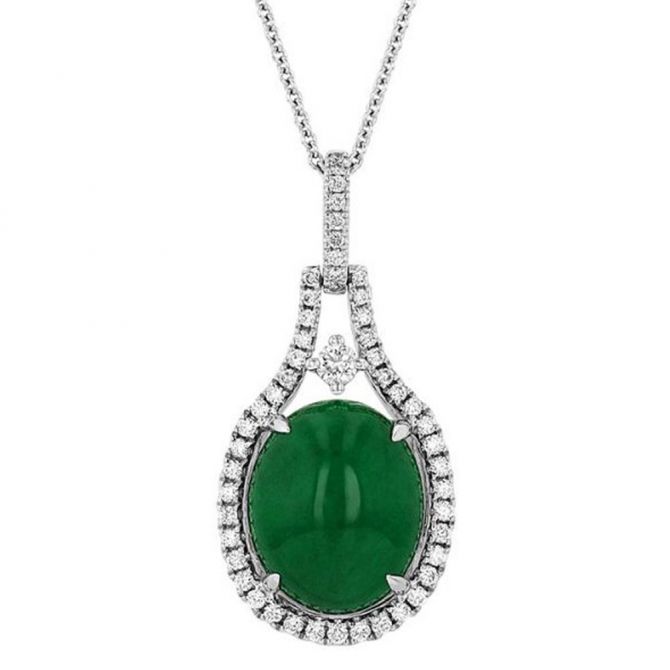 Oval Cabochon Emerald & Diamond Open Halo Pendant in White Gold, 18"