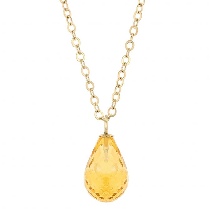 Citrine Briolette Solitaire Pendant in Yellow Gold, 19"
