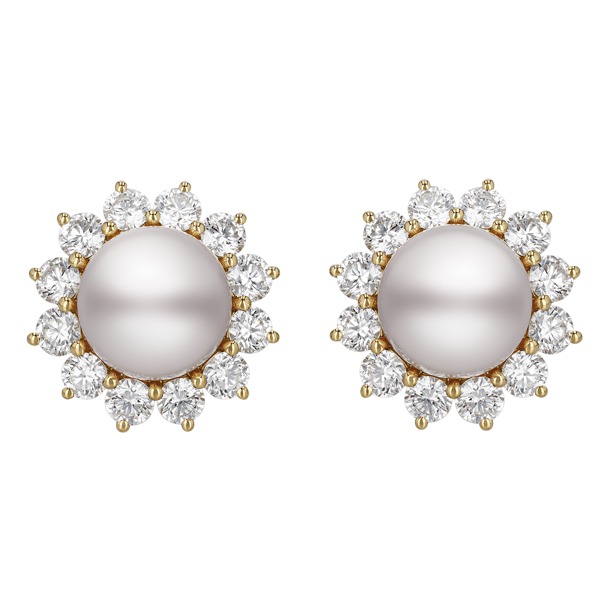 Mikimoto Akoya Cultured Pearl & Pointed Diamond Halo Stud Earrings in Yellow Gold