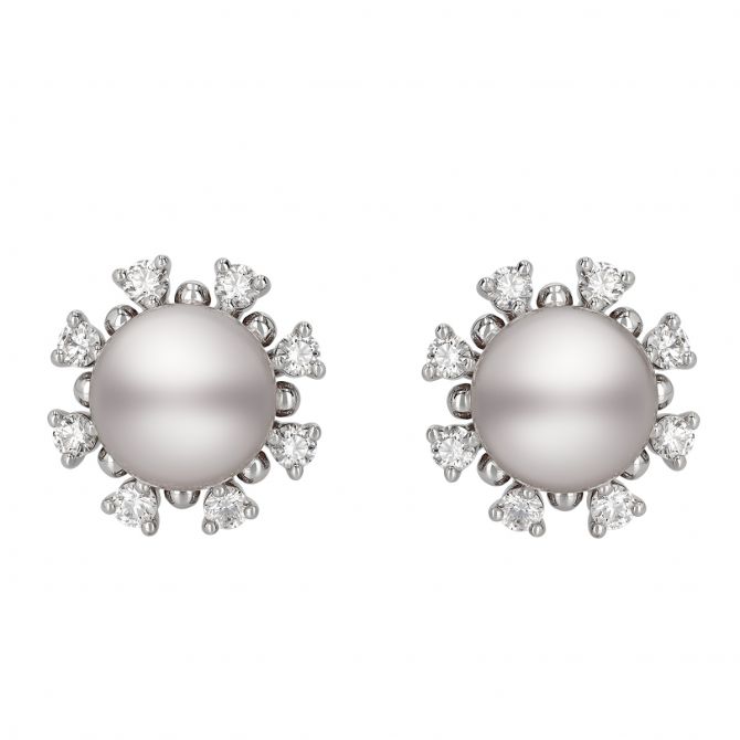 Mikimoto Akoya Cultured Pearl & Diamond Beaded Halo Stud Earrings in White Gold