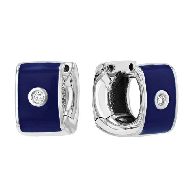 Diamond Flush Set Solitaire Navy Blue Enamel White Huggie Hoop Earrings in White Gold