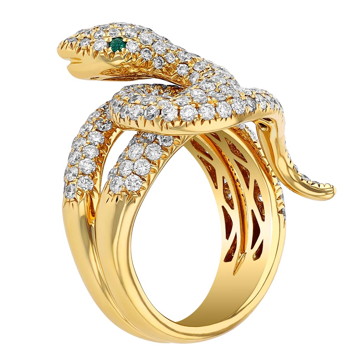 Diamond Pave Snake Ring with Emerald Accent in Yellow Gold