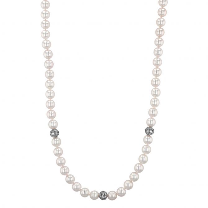 Mikimoto Akoya Cultured Pearl Strand with Diamond Stations in White Gold, 16"