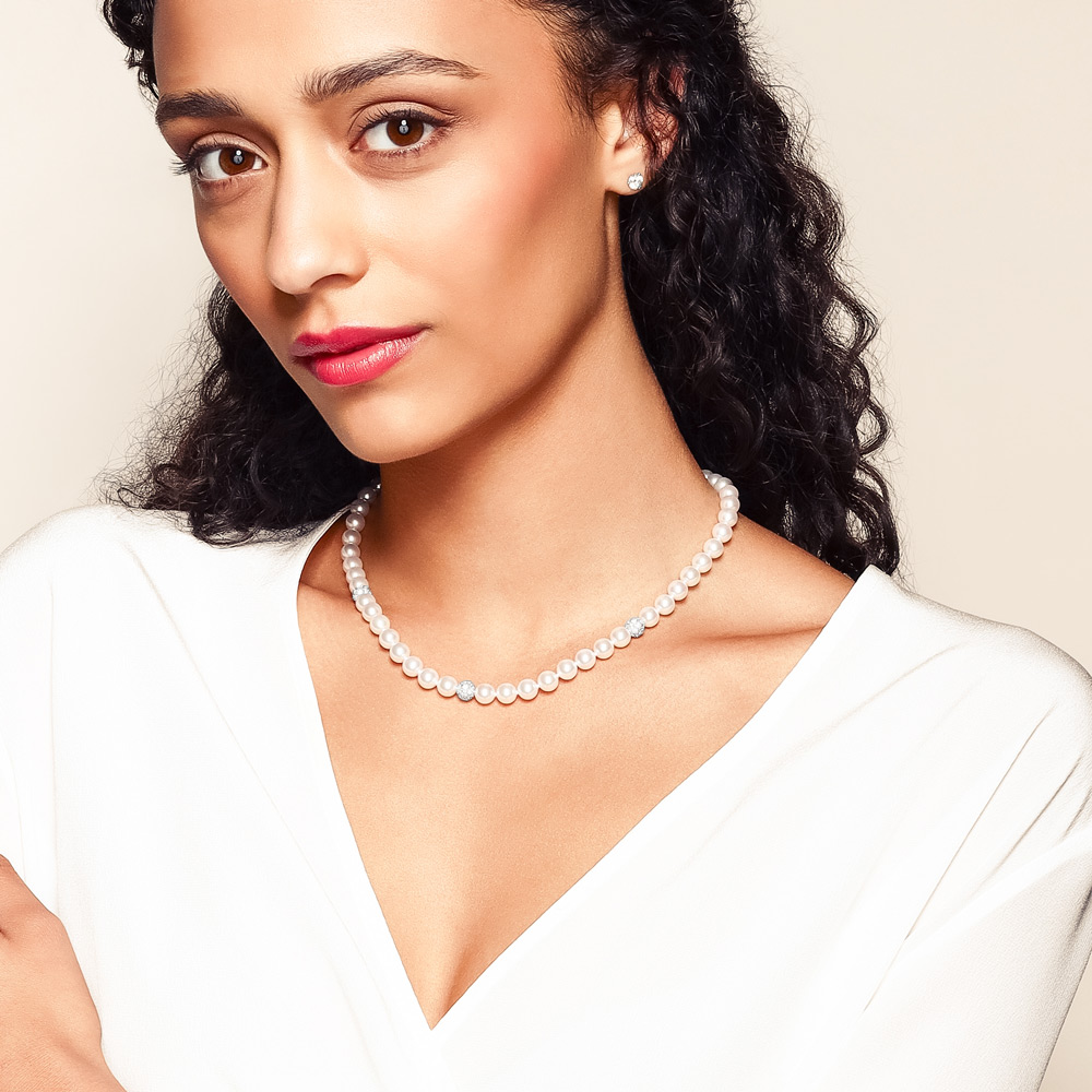 Mikimoto Akoya Cultured Pearl Strand with Diamond Stations in White Gold, 16