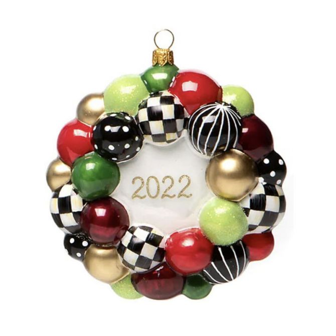 MacKenzie-Childs Glass Ornament, Jolly Bauble 2022 Dated Wreath