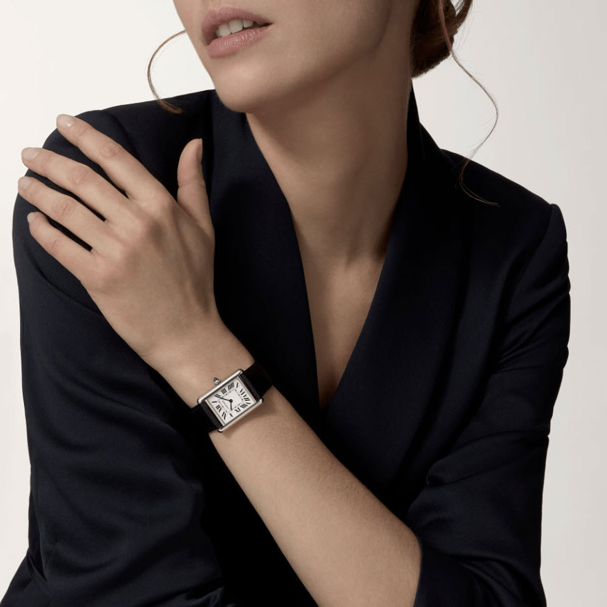 Cartier Tank Must 33.7mm Large Watch, Black Grained Calfskin Strap