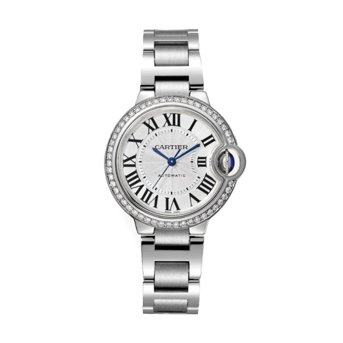 Cartier Ballon Bleu de Cartier 33mm Watch, Diamond and Silver Guilloche Dial