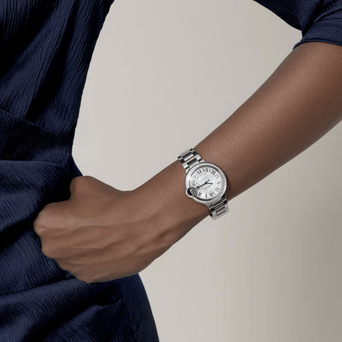 Cartier Ballon Bleu de Cartier 33mm Watch, Diamond and Silver Guilloche Dial