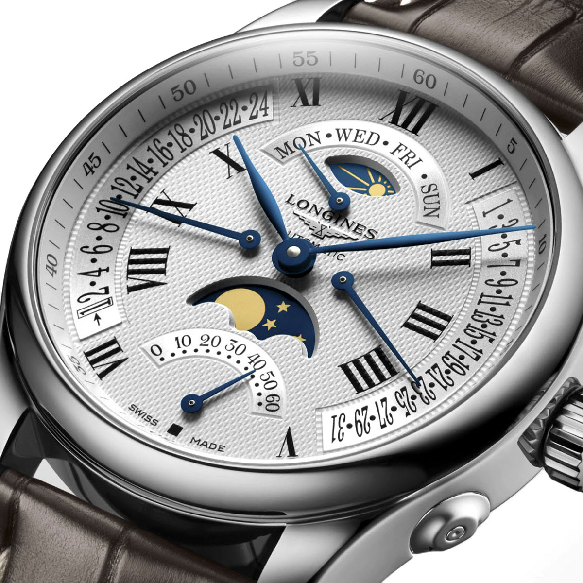 Longines Master Collection Moon Phase Automatic 44mm Men's Watch, Silver Dial