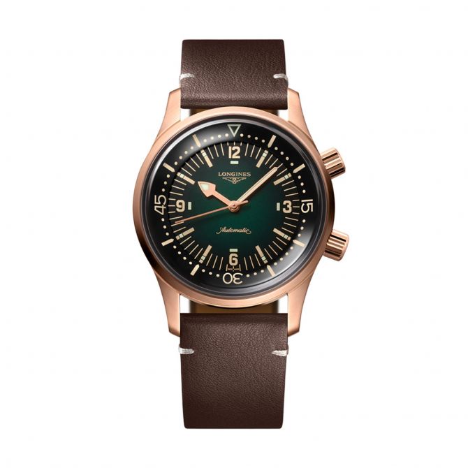 Longines Legend Leather Diver 42mm Watch, Green Dial