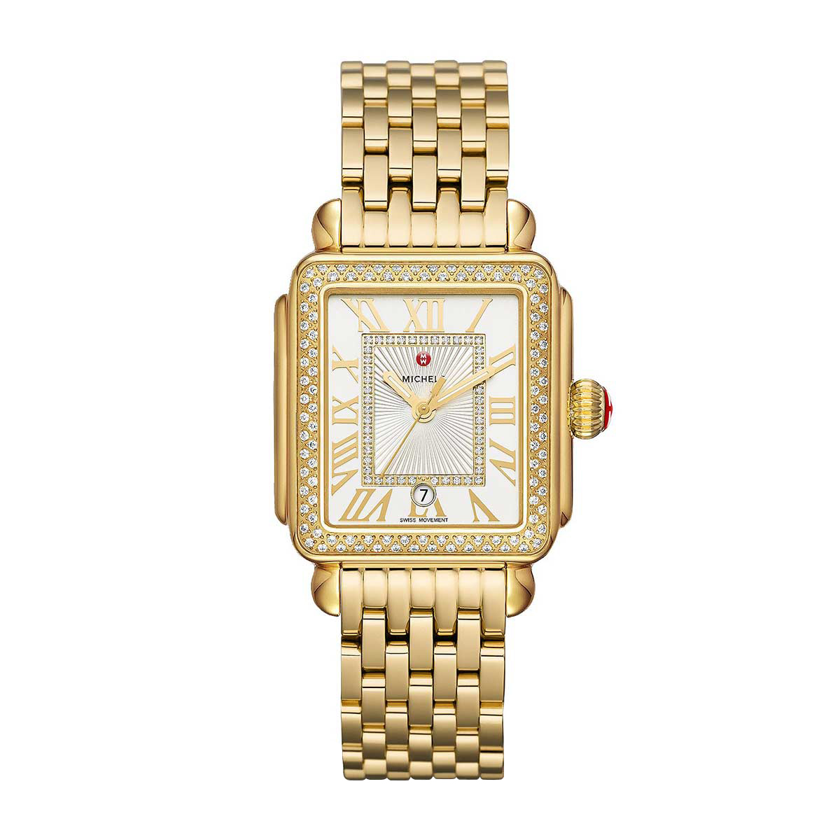 Michele Deco Madison 33mm Watch, Yellow Gold Tone and White Sunray Diamond Dial