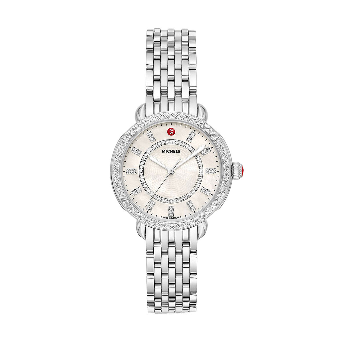 Michele Sidney Classic Stainless Steel 33mm Watch, White Mother of Pearl Diamond Dial