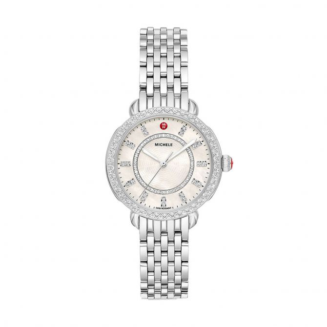 Michele Sidney Classic Stainless Steel 33mm Watch, White Mother of Pearl Diamond Dial