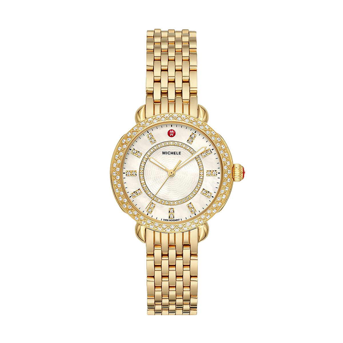 Michele Sidney Classic 33mm Watch, Yellow Gold Tone and Mother of Pearl Diamond Dial