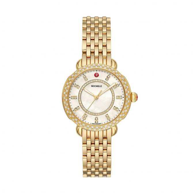 Michele Sidney Classic 33mm Watch, Yellow Gold Tone and Mother of Pearl Diamond Dial