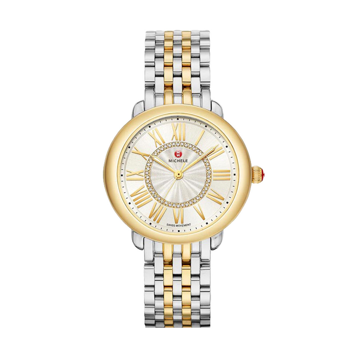 Michele Serein Mid Two-Tone Watch, Yellow Gold Tone and Silver White Sunray Dial
