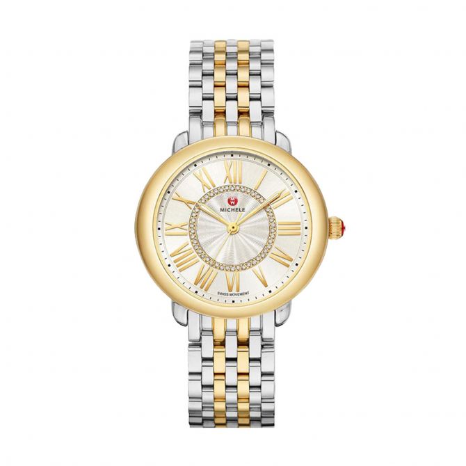 Michele Serein Mid Two-Tone Watch, Yellow Gold Tone and Silver White Sunray Dial