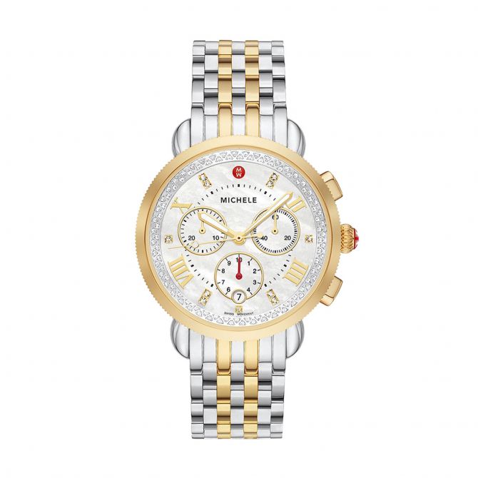 Michele Sport Sail Two Tone Stainless Steel 38mm Watch, White Mother of Pearl Diamond Dial