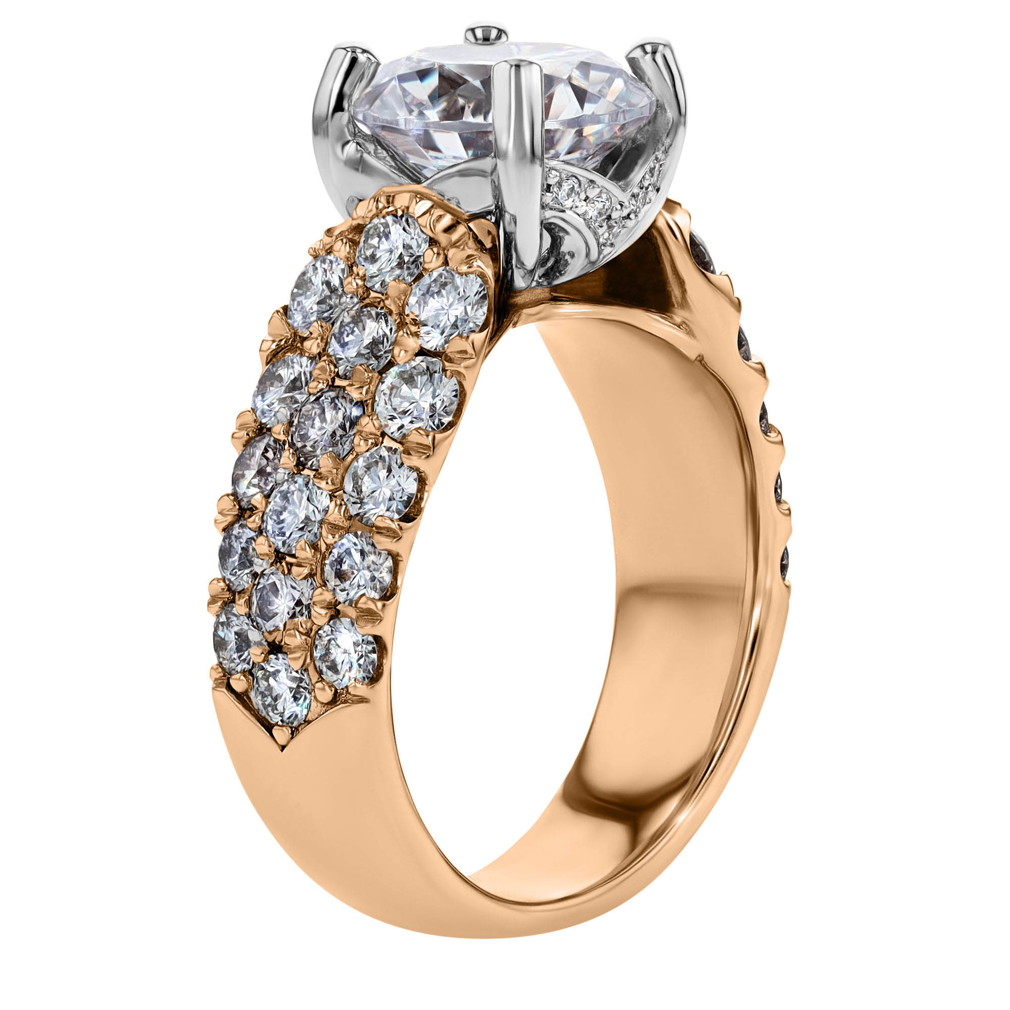 18K Gold Bold Diamond Pavé 3 Row Engagement Ring Setting