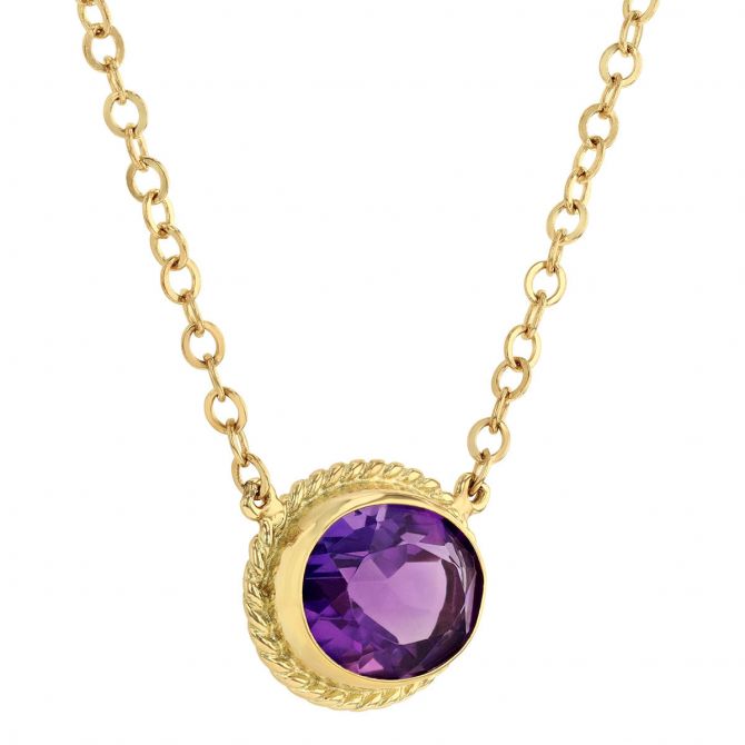 Amethyst Rope Bezel Set Necklace in Yellow Gold