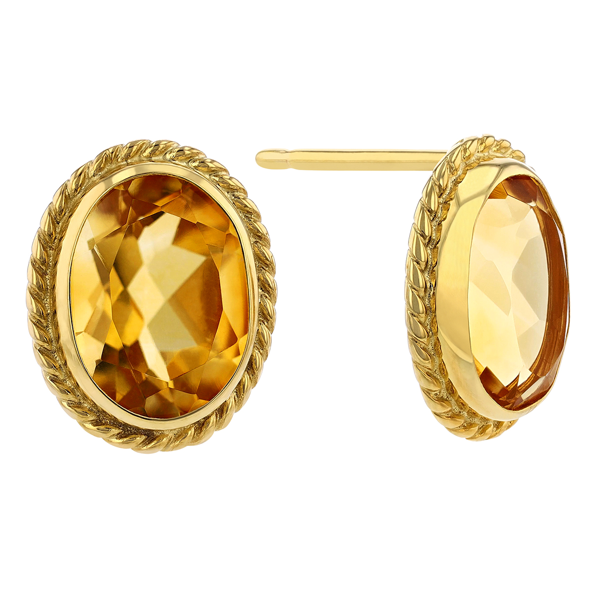 Oval Citrine Yellow Gold Rope Bezel Post Earrings