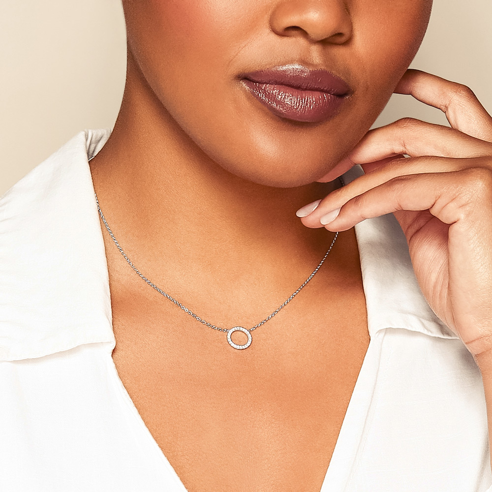 Diamond Open Circle Necklace in White Gold, 17