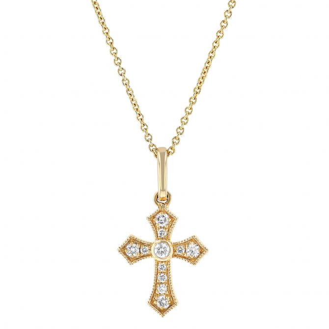 Diamond Pointed Cross Pendant with Milgrain in Yellow Gold, 18"