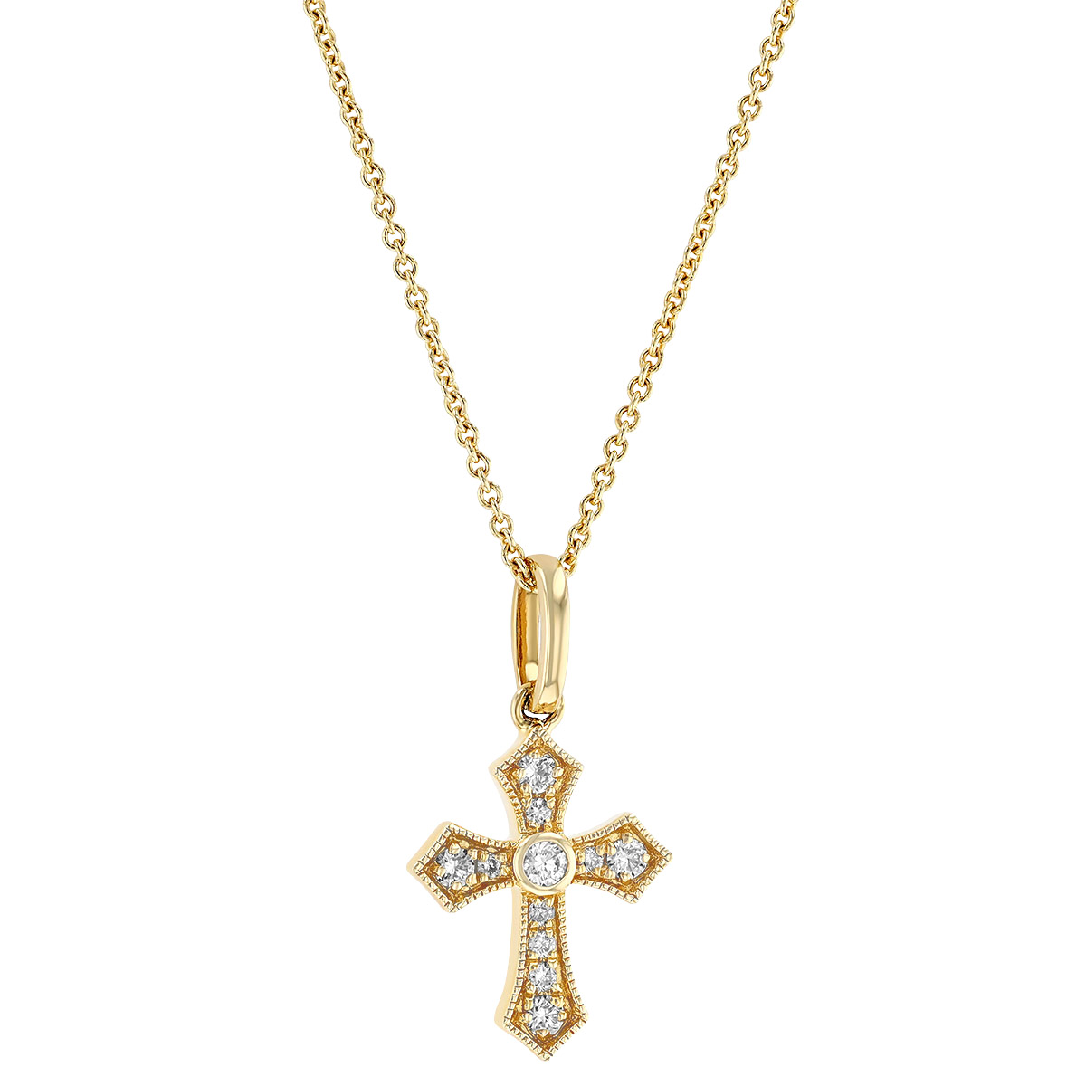 Diamond Pointed Cross Pendant with Milgrain in Yellow Gold, 18
