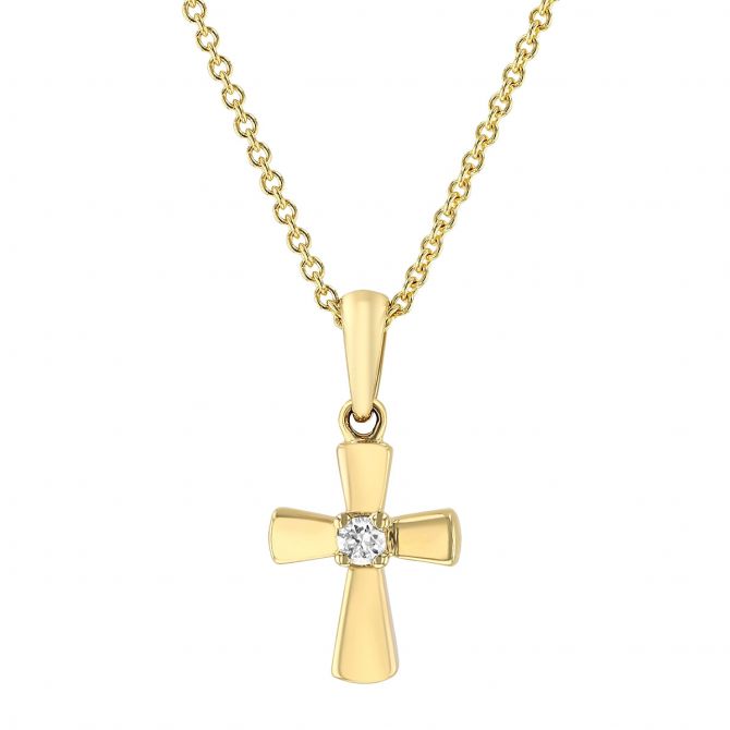 Yellow Gold Tiny Cross Pendant with Diamond Center, 18"