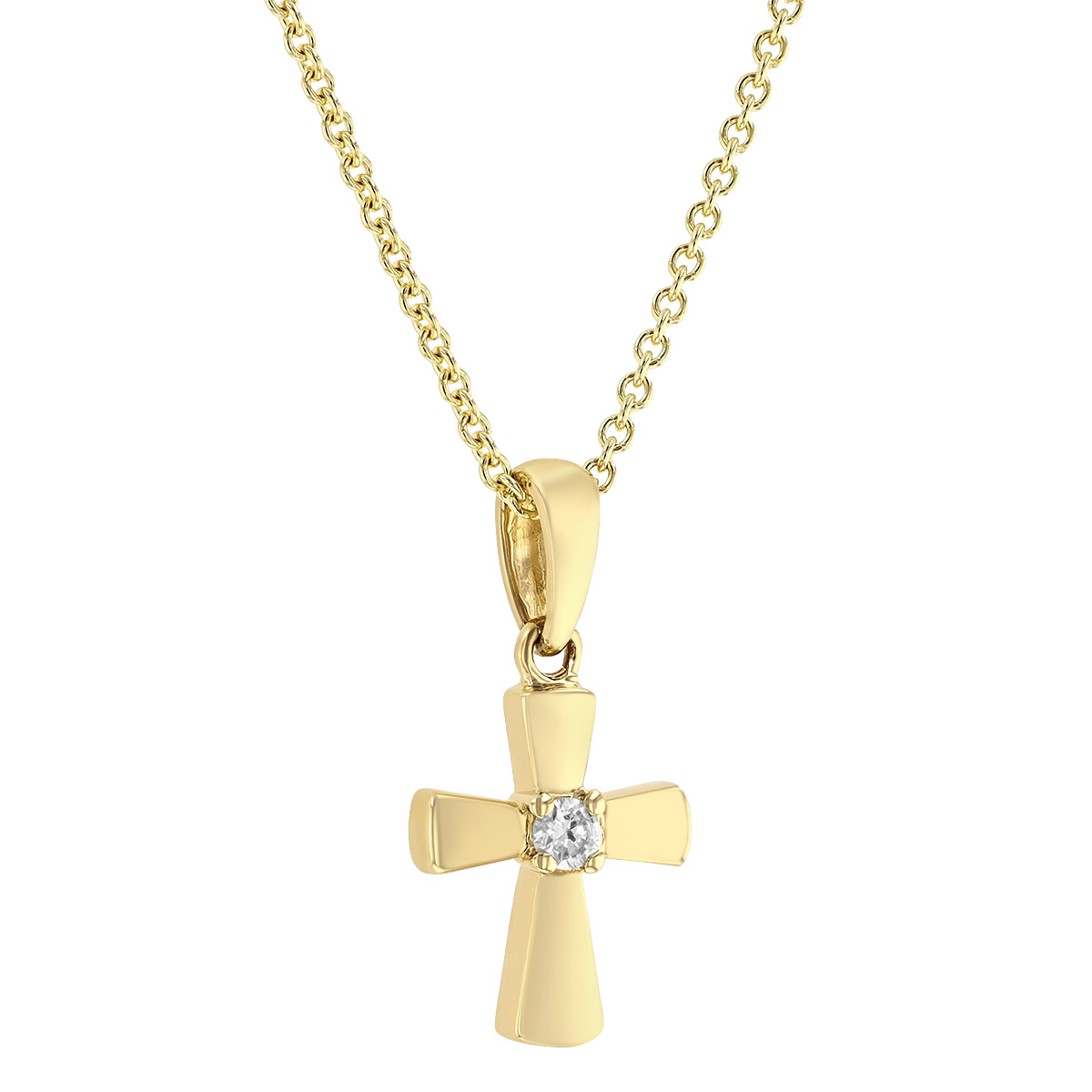 Yellow Gold Tiny Cross Pendant with Diamond Center, 18