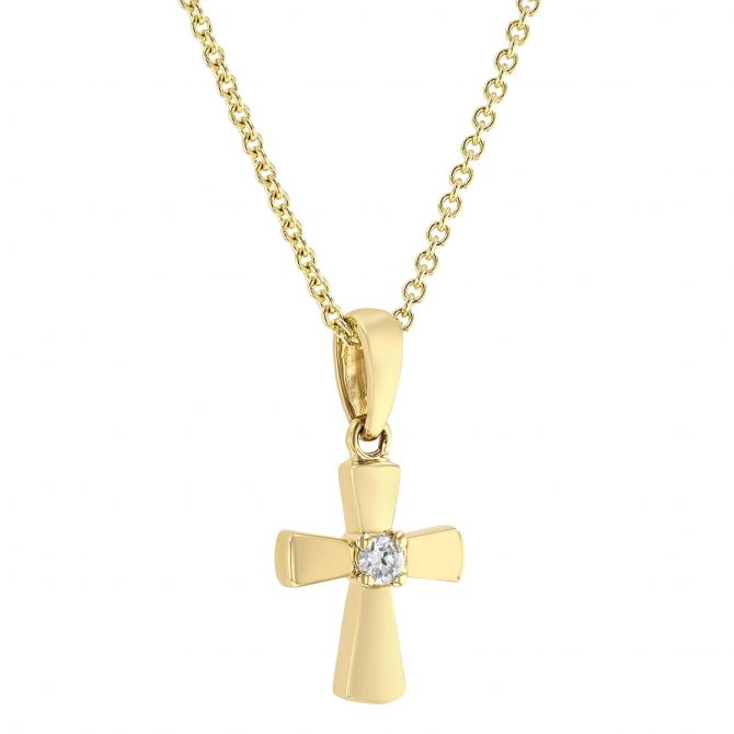 Yellow Gold Tiny Cross Pendant with Diamond Center, 18"